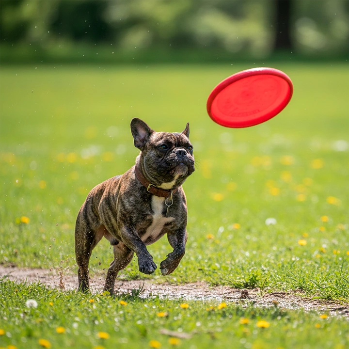 A Brindle French Bulldog running after a red frisbee in the sun, illustrating the summer survival guide for preventing overheating.