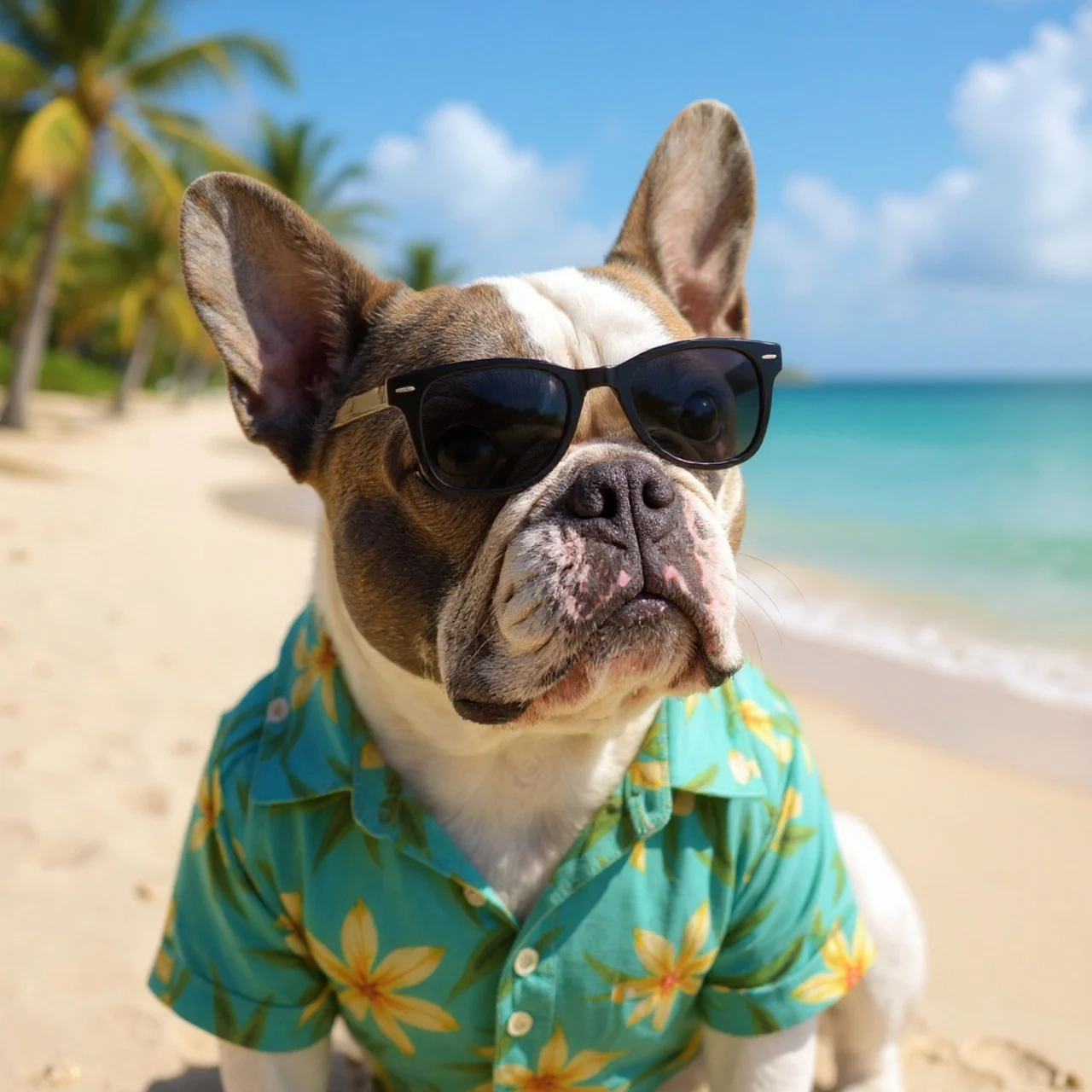 French Bulldog on a beach, wearing sunglasses and a shirt, representing the on the go product category.