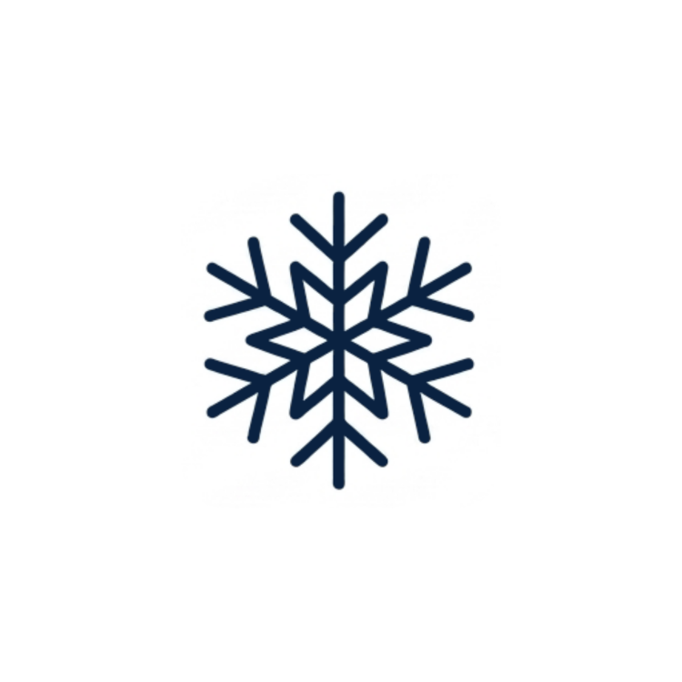 Minimalist line art icon of a snowflake, representing cooling mats and gear to prevent overheating in French Bulldogs.