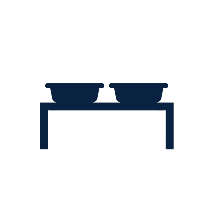 Minimalist line art icon of an elevated dog feeder, representing the healthy posture slow feeders for Frenchies.
