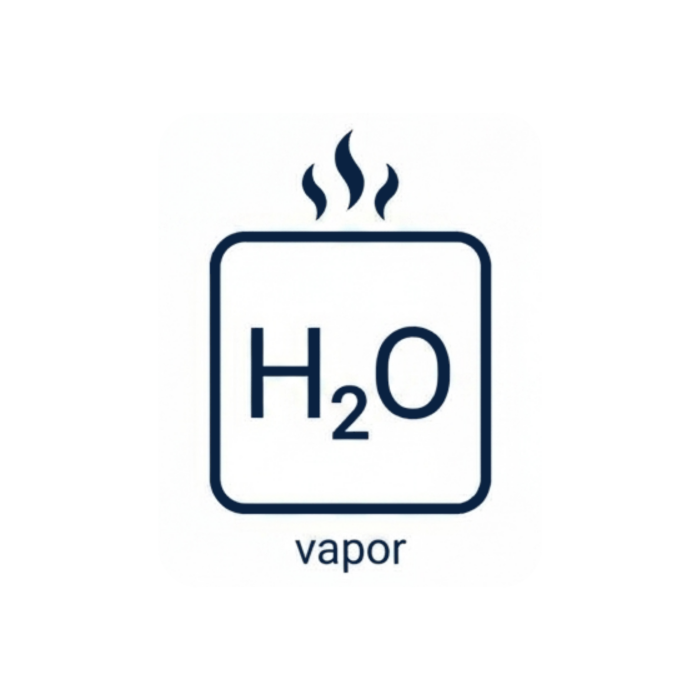 Minimalist icon with H2O and steam symbols, representing humidifiers for improved Frenchie breathing and skin hydration.