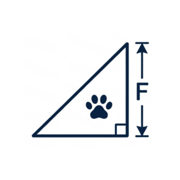 Minimalist triangle ramp icon with a measurement line and a letter F, representing the ideal ramp height for Frenchie spinal safety.