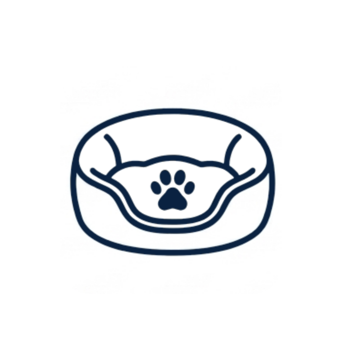 Minimalist line art icon of a cozy dog bed with a paw print in the center, representing the beds and furniture category for Frenchies.