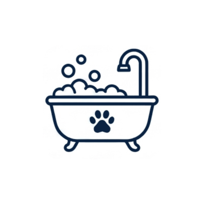 Minimalist line art icon of a bathtub with soap bubbles and a paw print, representing grooming and hygiene products for French Bulldogs.