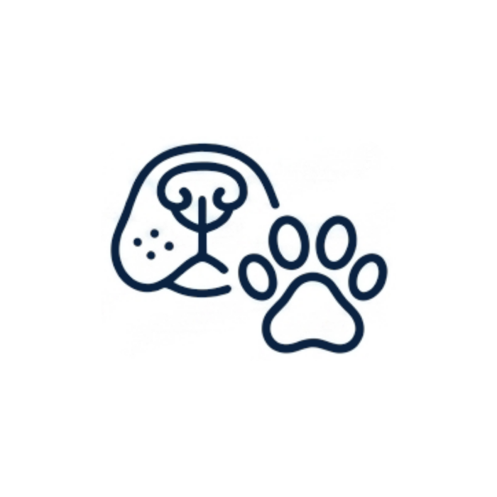 Minimalist line art icon featuring a Frenchie snout and a paw, representing hydration and protection gear for dry noses and paws.