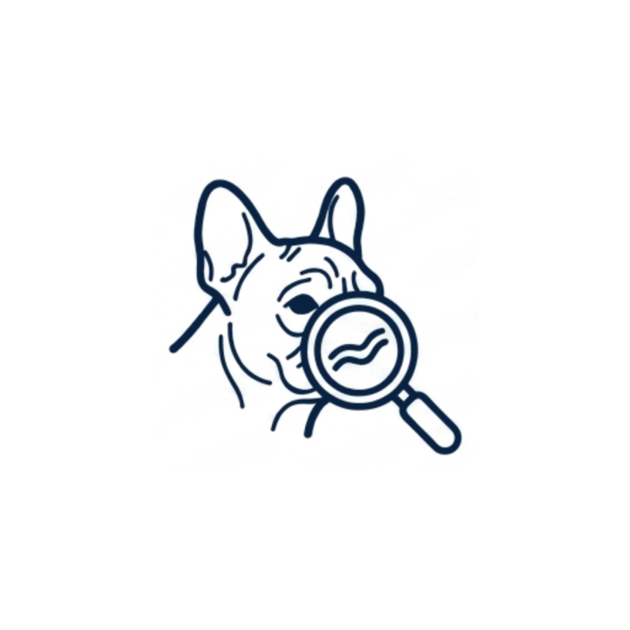 Minimalist line art icon of a Frenchie face with a magnifying glass over its wrinkles, representing specialized wrinkle care.
