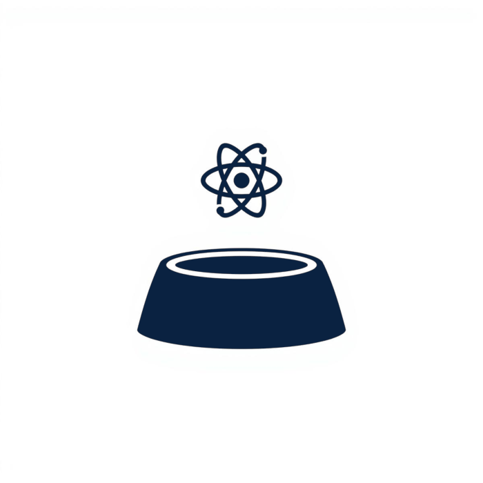Minimalist line art icon of a dog food bowl with a floating atom symbol, representing the science-backed food and nutrition category.
