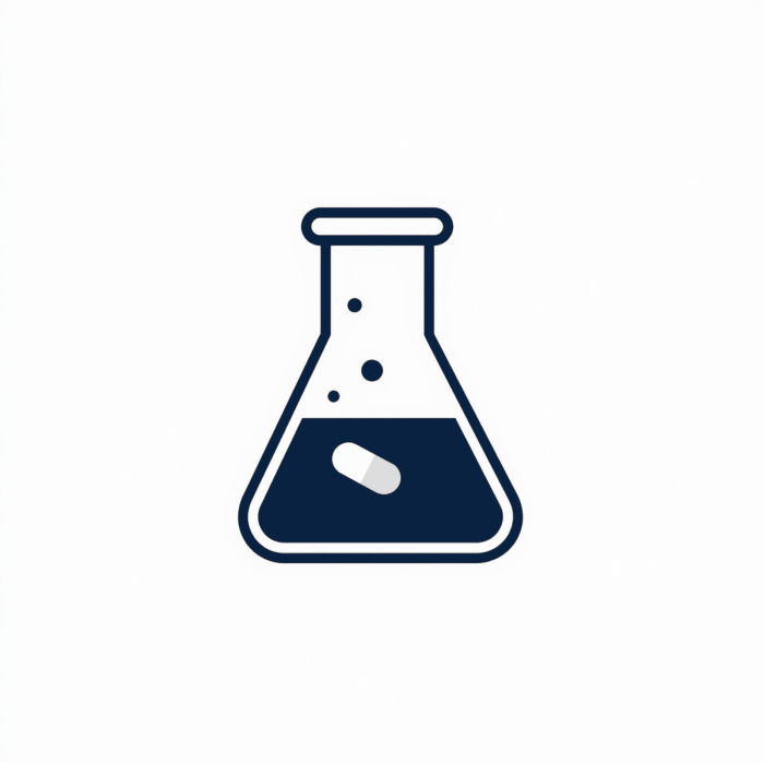 Minimalist line art icon of a laboratory flask with a pill and bubbles, representing the Frenchie supplements and vitamins category.