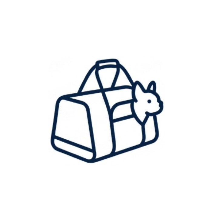 Minimalist line art icon of a travel bag with a Frenchie puppy peeking out, representing the travel carriers and bags category.